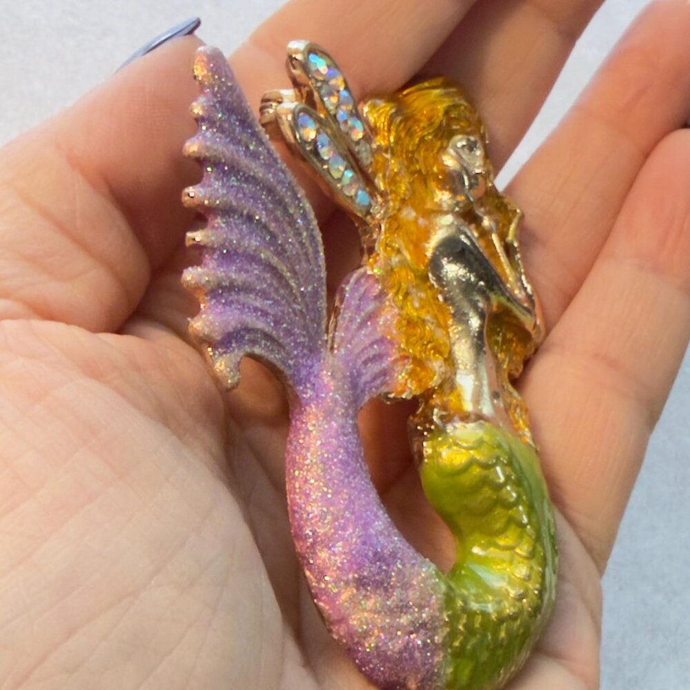 Mermaid FairyBrooch Pastel Color Enamel Fantasy Rhinestone Statement Pin – 3.25” - Picture 6 of 7